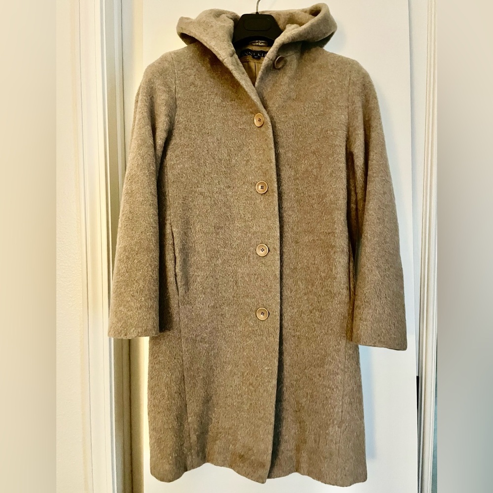 VTG: Ann Klein Soft Mohair Wool Coat Jacket Lined Hooded Camel Tan